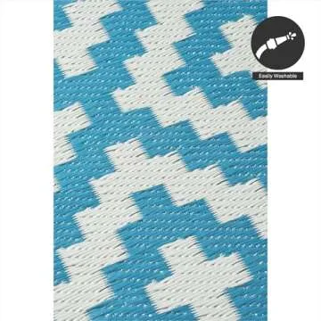 FH Home Outdoor Camping Rug - Waterproof, Fade Resistant, Reversible - Premium Recycled Plastic - Geometric - Large Patio, Deck, Sunroom, RV - Aztec - Teal & White - 9 x 12 ft Foldable