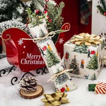 Merture Christmas Wrapping Paper Roll - 17 In X 32.8 Ft (46.5 sq.ft.ttl.) Festive Gift Wrap with Foil Spots, Watercolor Christmas Tree, Jingle Bell Pattern