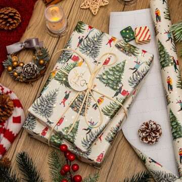 Merture Christmas Wrapping Paper Roll - 17 In X 32.8 Ft (46.5 sq.ft.ttl.) Festive Gift Wrap with Foil Spots, Watercolor Christmas Tree, Jingle Bell Pattern