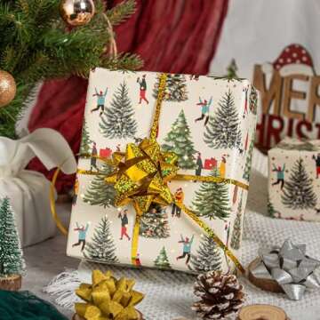 Merture Christmas Wrapping Paper Roll - 17 In X 32.8 Ft (46.5 sq.ft.ttl.) Festive Gift Wrap with Foil Spots, Watercolor Christmas Tree, Jingle Bell Pattern