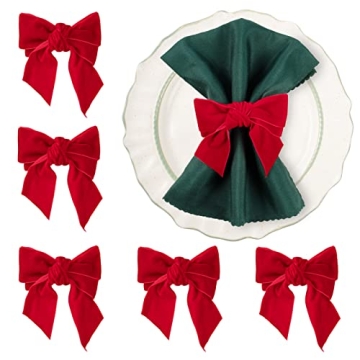 Christmas Napkin Rings- Red Bow Xmas Napkin Holder Rings Chic Velvet Napkin Buckle for Holiday Birth...