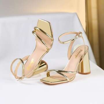 RIBONGZ Gold Block Heels - Elegant Strappy Sandals for Women