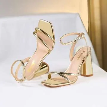 RIBONGZ Gold Block Heels - Elegant Strappy Sandals for Women