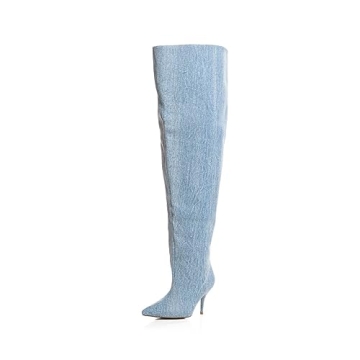 keleimusi Womens Slouchy Wide Calf Thigh High Boots Over The Knee Fabric Texitile Stiletto Boot Deni...