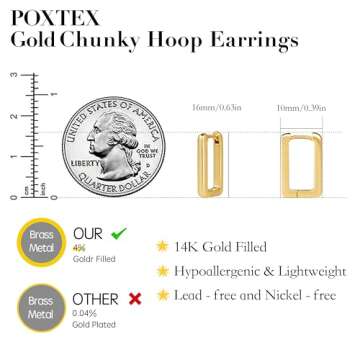 Poxtex 14K Gold Square Small Hoop Earrings for Women, Huggie Square Geometric Earrings, Trendy Gold Rectangular Hypoallergenic Hoops for Men Women Gifts, Dainty Tarnish Free Gold Jewelry