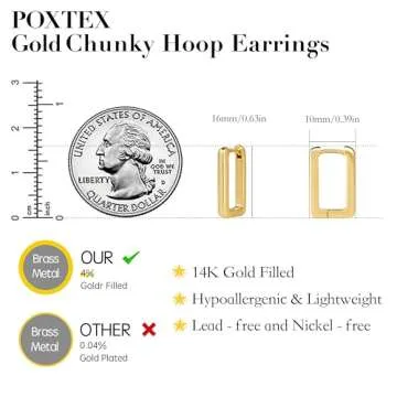 Poxtex 14K Gold Square Small Hoop Earrings for Women, Huggie Square Geometric Earrings, Trendy Gold Rectangular Hypoallergenic Hoops for Men Women Gifts, Dainty Tarnish Free Gold Jewelry