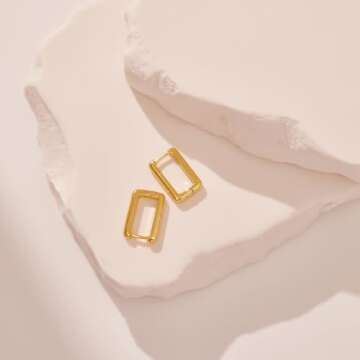 Poxtex 14K Gold Square Small Hoop Earrings for Women, Huggie Square Geometric Earrings, Trendy Gold Rectangular Hypoallergenic Hoops for Men Women Gifts, Dainty Tarnish Free Gold Jewelry
