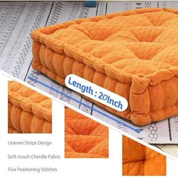 HIGOGOGO Floor Cushion Pouf, Square Floor Pillow Seating Chenille Meditation Cushion, Thick Tufted Pillows for Living Room Yoga Bedroom Sofa, Orange, 20"x20"x5.5"