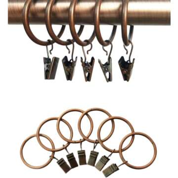 Copper Metal Curtain Rings with Clips - 40-Pack