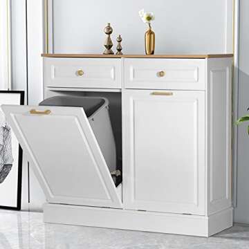 Anbuy Double Kitchen Trash Cabinets Dual Tilt Out Cabinet with Two Wood Hideaway Holder Drawers, Free Standing Recycling Trash Can Holder (Upgrade White)