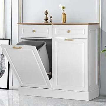 Anbuy Double Kitchen Trash Cabinets Dual Tilt Out Cabinet with Two Wood Hideaway Holder Drawers, Free Standing Recycling Trash Can Holder (Upgrade White)