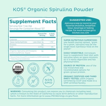 KOS Organic Spirulina Powder - USDA Certified Organic, 109 Servings of Superfood Powder for Smoothies & Juices, Non-Irradiated Blue Green Algae, Plant Based with Antioxidants, Vegan (13.5oz)