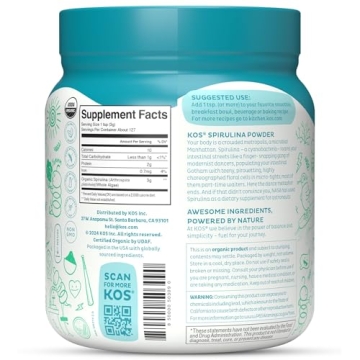 KOS Organic Spirulina Powder - USDA Certified Organic, 109 Servings of Superfood Powder for Smoothies & Juices, Non-Irradiated Blue Green Algae, Plant Based with Antioxidants, Vegan (13.5oz)