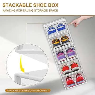 QualiapeX Medium Shoe Storage Boxes, Clear Plastic Stackable Shoe Organizer, Foldable Storage Bins Shoe Container Box, White 12 Pack