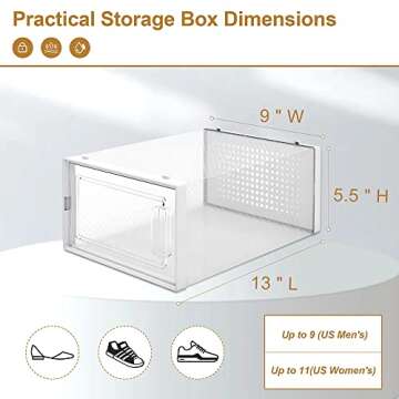 QualiapeX Medium Shoe Storage Boxes, Clear Plastic Stackable Shoe Organizer, Foldable Storage Bins Shoe Container Box, White 12 Pack