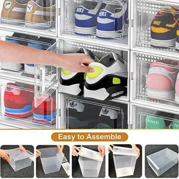 QualiapeX Medium Shoe Storage Boxes, Clear Plastic Stackable Shoe Organizer, Foldable Storage Bins Shoe Container Box, White 12 Pack