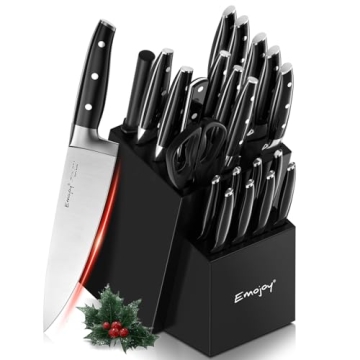 Emojoy 22-Piece Kitchen Knife Set with Block, Include 2-pair Chef Knives, Carving Fork and Sharpener...