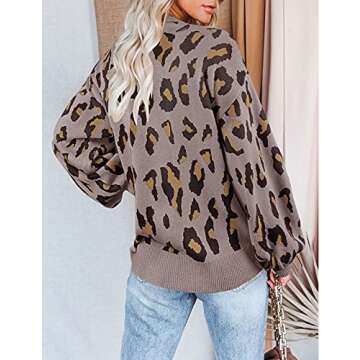 MEROKEETY Women's Crew Neck Leopard Print Balloon Sleeve Knitted Pullover Sweater Tops Khaki