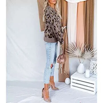 MEROKEETY Women's Crew Neck Leopard Print Balloon Sleeve Knitted Pullover Sweater Tops Khaki