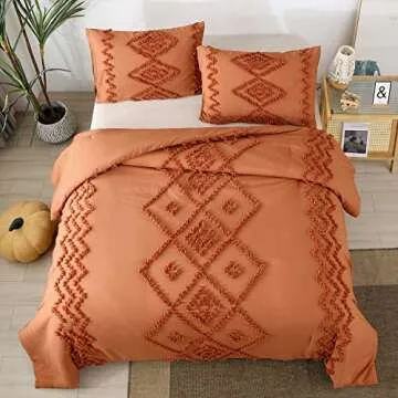 PERFEMET Burnt Orange Comforter Set Queen Size 3Pcs Tufted Terracotta Boho Bedding Set Farmhouse Geo...