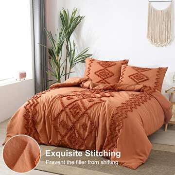 PERFEMET Burnt Orange Comforter Set Queen Size 3Pcs Tufted Terracotta Boho Bedding Set Farmhouse Geometric Rustic Bed Set for Bedroom (Caramel, Queen)