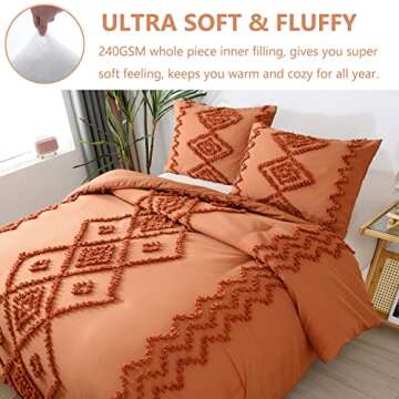 PERFEMET Burnt Orange Comforter Set Queen Size 3Pcs Tufted Terracotta Boho Bedding Set Farmhouse Geometric Rustic Bed Set for Bedroom (Caramel, Queen)