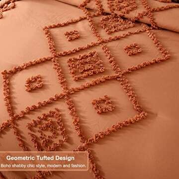 PERFEMET Burnt Orange Comforter Set Queen Size 3Pcs Tufted Terracotta Boho Bedding Set Farmhouse Geometric Rustic Bed Set for Bedroom (Caramel, Queen)