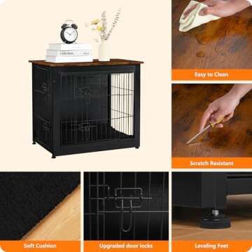 DWANTON Dog Crate Furniture with Cushion, Wooden Dog Crate with Double Doors, Dog Furniture, Dog Kennel Indoor for Small Dog，End Table, 27.2" L, Black+Rustic Brown