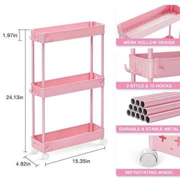 KINGRACK 3 Tier Slim Storage Cart, Bathroom Organizer, Rolling Utility Cart with for Bedroom Laundry...