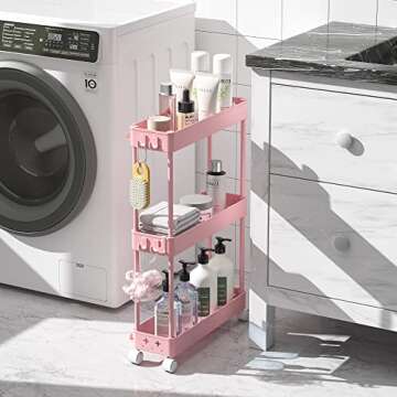 KINGRACK 3 Tier Slim Storage Cart, Bathroom Organizer, Rolling Utility Cart with for Bedroom Laundry Kid's Room,Narrow Small Places,Pink
