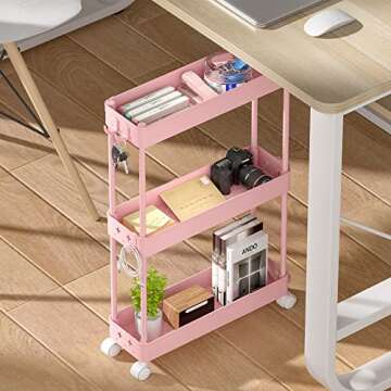 KINGRACK 3 Tier Slim Storage Cart, Bathroom Organizer, Rolling Utility Cart with for Bedroom Laundry Kid's Room,Narrow Small Places,Pink