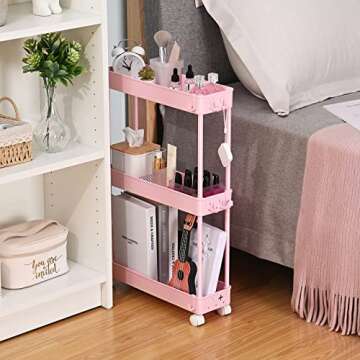 KINGRACK 3 Tier Slim Storage Cart, Bathroom Organizer, Rolling Utility Cart with for Bedroom Laundry Kid's Room,Narrow Small Places,Pink