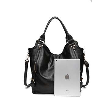 Women Tote Bag Handbags PU Leather Fashion Hobo Shoulder Bags with Adjustable Shoulder Strap, L, Bla...