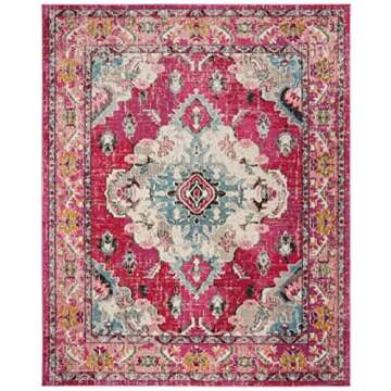 SAFAVIEH Monaco Collection Area Rug - 6'7" x 9'2", Pink & Multi, Boho Chic Medallion Distressed Design, Non-Shedding & Easy Care, Ideal for High Traffic Areas in Living Room, Bedroom (MNC243D)