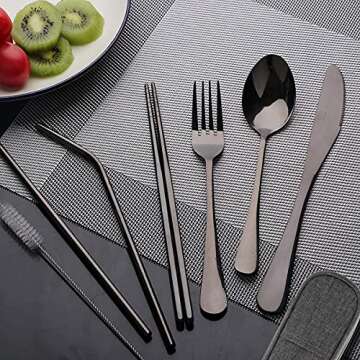 Travel Utensils Set with Case Reusable Portable Cutlery Set Stainless Steel 8pcs Including Dinner Kn...