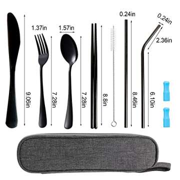 Travel Utensils Set with Case Reusable Portable Cutlery Set Stainless Steel 8pcs Including Dinner Knife Fork Spoon Chopsticks straws(Black)