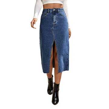 SweatyRocks Women's Casual Denim Skirt High Waist Split Front Long Jean Skirts Dark Wash S