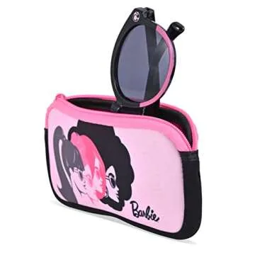 Barbie Girl's Cat Eye Sunglasses and Handled Hard Case Set (Pink-White-Black)