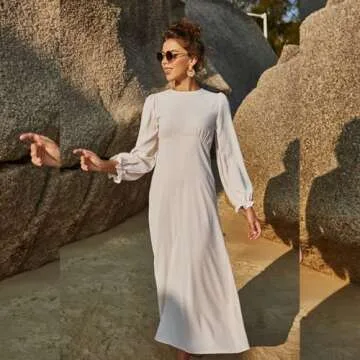 ABEWIP Modest Formal Dresses for Women Long Sleeve Empire Waist A Line Swing Flowy Long Maxi Dress Beige