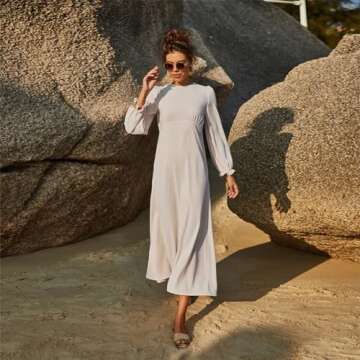 ABEWIP Modest Formal Dresses for Women Long Sleeve Empire Waist A Line Swing Flowy Long Maxi Dress Beige