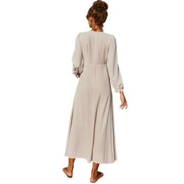 ABEWIP Modest Formal Dresses for Women Long Sleeve Empire Waist A Line Swing Flowy Long Maxi Dress Beige