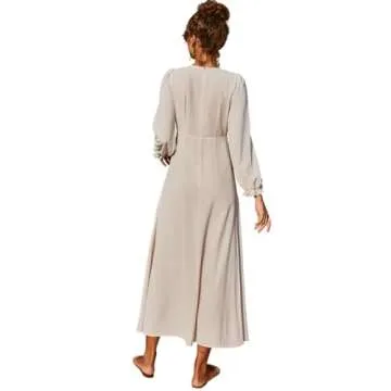 ABEWIP Modest Formal Dresses for Women Long Sleeve Empire Waist A Line Swing Flowy Long Maxi Dress Beige