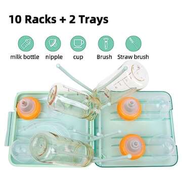 Maclined Travel Baby Bottle Drying Rack Set with Extendbale Protable Silicone Bottle Brush, Nipple Cleaner Brush,Straw Brush Compact Size Baby Essential for Newborn & Moms (Green)