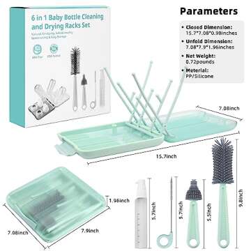 Maclined Travel Baby Bottle Drying Rack Set with Extendbale Protable Silicone Bottle Brush, Nipple Cleaner Brush,Straw Brush Compact Size Baby Essential for Newborn & Moms (Green)