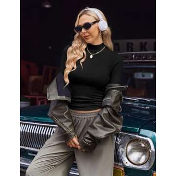 Ekouaer Women's Mock Turtleneck Long Sleeve Shirts Ribbed Knit Lightweight Pullover Sweater Stretch Fitted Thermal Top Black S