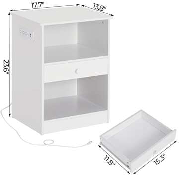 EPHEX Set of 2 Nightstand with Charging Station and Drawer, End Side Table with USB Ports & Power Outlet, Bedside Table Storage Cabinet with 2 Open Drawers for Bedroom, White