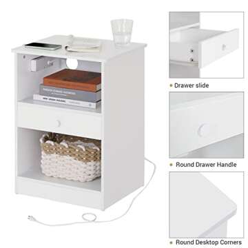 EPHEX Set of 2 Nightstand with Charging Station and Drawer, End Side Table with USB Ports & Power Outlet, Bedside Table Storage Cabinet with 2 Open Drawers for Bedroom, White