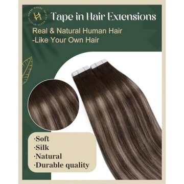 Ugeat 22 inch Tape in Real Human Hair Extensions Brown Balayage Hair Extensions Tape in Dark Brown H...