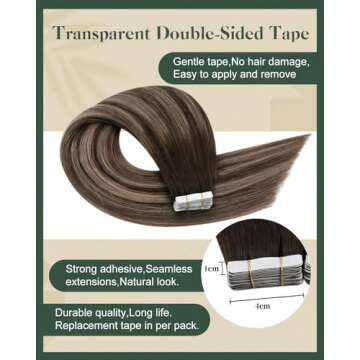 Ugeat 22 inch Tape in Real Human Hair Extensions Brown Balayage Hair Extensions Tape in Dark Brown Highlights Ash Brown Ombre Skin Weft Human Hair Tape in Hair Extensions 20Pcs 50G