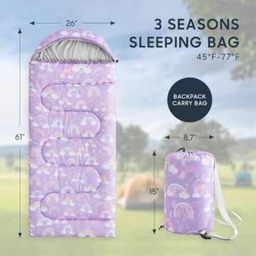 Wake In Cloud - Kids Sleeping Bag for Girls, Ideal for Camping & Sleepovers